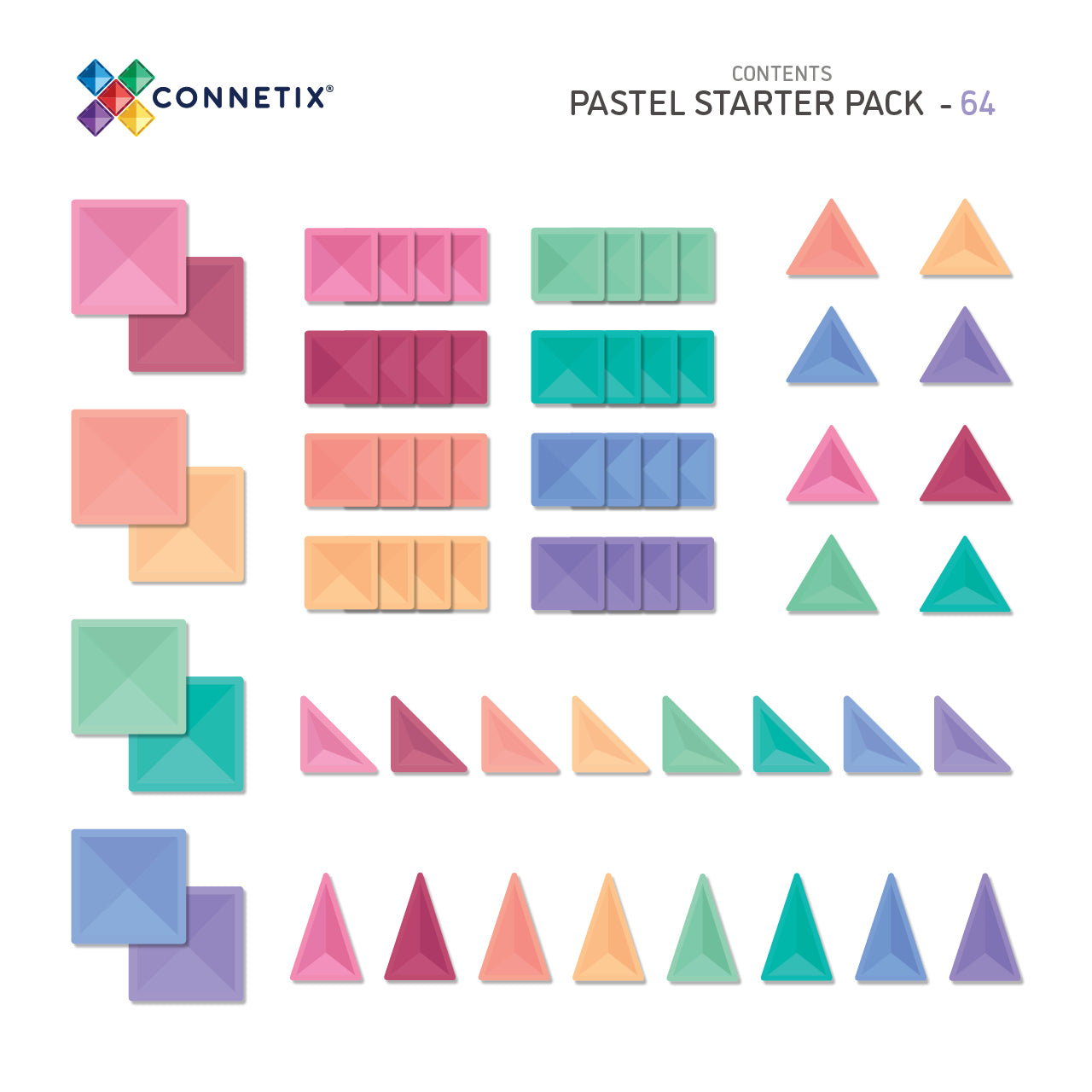 64 vnt. Connetix magnetinis konstruktorius - Pastel Starter Pack